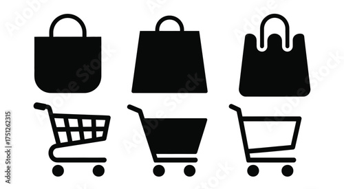Minimalist black and white shopping bag and cart icons scalable vector illustration eps silhouette