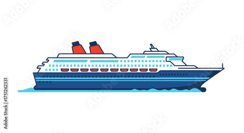Blue and White Cruise Ship with Red Funnels Side View.