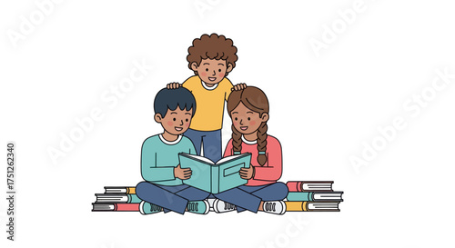 Three diverse children engrossed in reading a book together surrounded by stacks of books.