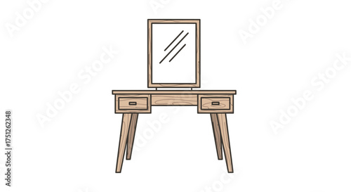 Simple wooden dressing table with mirror and drawers illustration.