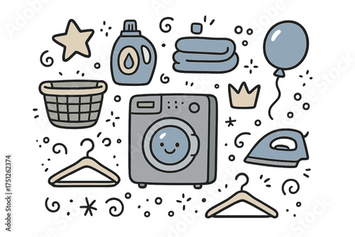 Cute Laundry Icons. Laundry room doodle icon set: hand drawn icons of washing machine with smile, basket, detergent, towel, crown,