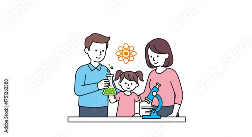 Family Science Experiment: Girl Father and Mother with Beaker and Microscope.