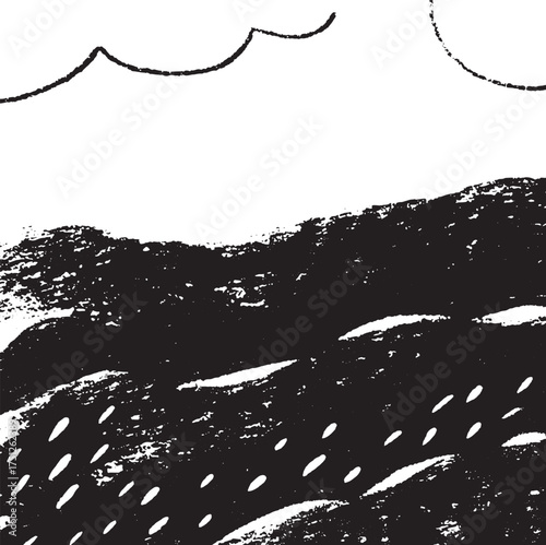 Abstract Black and White Landscape Illustration with Clouds and Textured Hills – Minimalist Nature Art