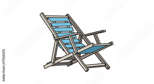 Wooden Folding Beach Chair with Blue Slatted Seat.