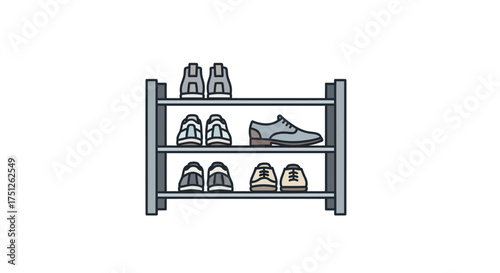 A hand-drawn illustration of a three-tiered shoe rack filled with various pairs of sneakers and footwear.