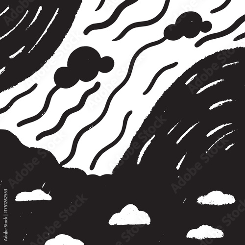 Abstract Black and White Landscape Illustration with Flowing Lines and Clouds Minimalist Nature Art