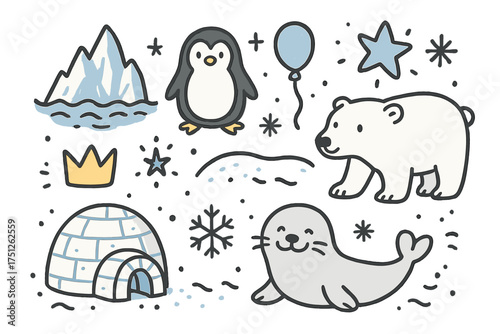 Arctic Icon Set. Arctic doodle icon set: hand drawn icons of iceberg, penguin, polar bear, igloo, crown, star, balloon, snowflake,