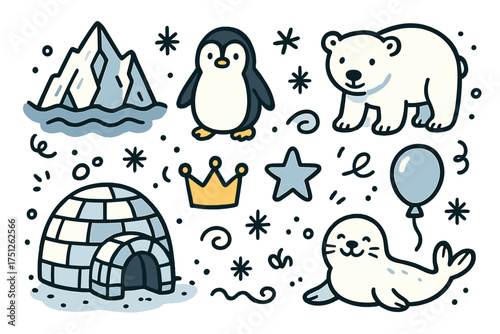 Arctic Icon Set. Arctic doodle icon set: hand drawn icons of iceberg, penguin, polar bear, igloo, crown, star, balloon, snowflake,
