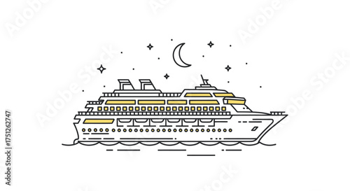 A modern line art illustration of a large cruise ship sailing at night under a crescent moon and stars.