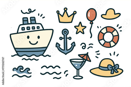 Cruise Doodle Icons. Cruise doodle icon set: hand drawn icons of ship with smile, anchor, lifebuoy, crown, star, balloon, wave,