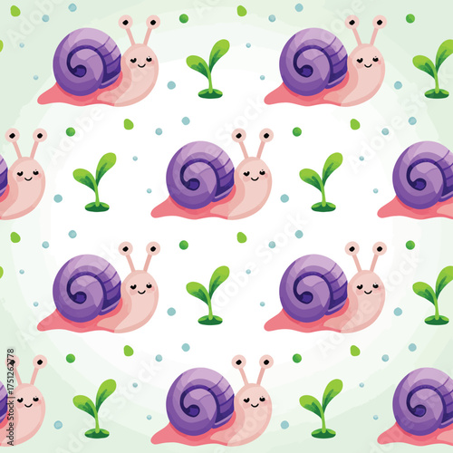 Cute cartoon snails with purple shells and green sprouts seamless pattern
