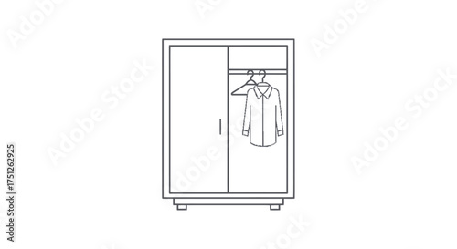 Simple Line Drawing of a Two-Door Wardrobe with a Hanging Shirt.