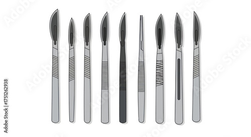 Set of Stainless Steel Scalpels with Various Blade Shapes and Sizes.