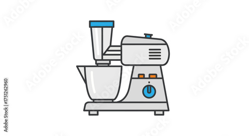 Illustrated Kitchen Stand Mixer with Bowl and Blender Attachment.