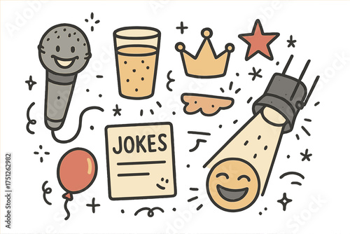 Stand-Up Night Icons. Stand-up night doodle icon set: hand drawn icons of mic with smile, glass, crown, star, balloon, jokes card,
