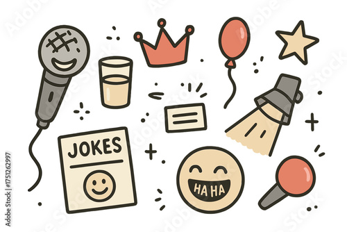 Stand-Up Night Icons. Stand-up night doodle icon set: hand drawn icons of mic with smile, glass, crown, star, balloon, jokes card,