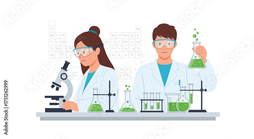 Scientists in Lab Coats Conducting Experiments with Microscopes and Beakers.