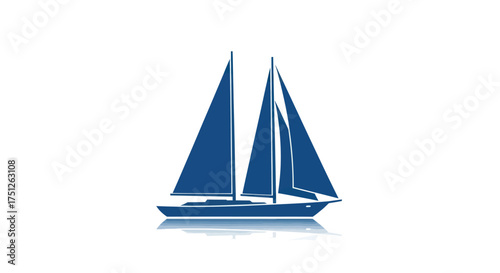 A sleek blue sailboat with two triangular sails ready for sailing.