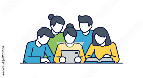 Diverse Group of Students Studying and Collaborating Flat Line Illustration.