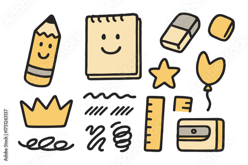 Cute Doodle Icons. Drawing doodle icon set: hand drawn icons of pencil with smile, sketchbook, eraser, crown, star, balloon, ruler
