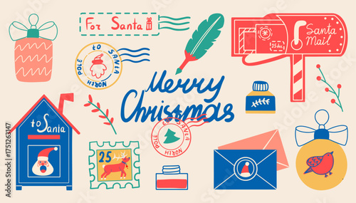 Christmas mailbox, postcard, stamp, envelope. Xmas retro colorful set in flat design. New Year collection