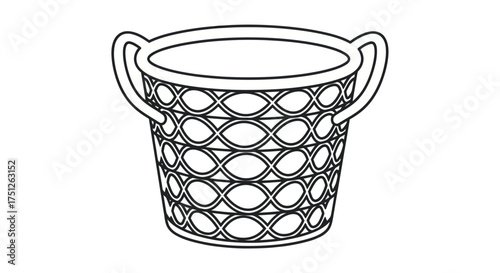 Woven Basket Illustration with Handles Traditional Design Black and White Outline.
