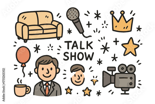 Talk Show Icons. Talk show doodle icon set: hand drawn icons of sofa, mic, host with smile, crown, star, balloon, cup, and camera.