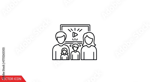 A simple line art icon of a family with two children watching a video together on a screen.