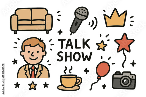 Talk Show Icons. Talk show doodle icon set: hand drawn icons of sofa, mic, host with smile, crown, star, balloon, cup, and camera.