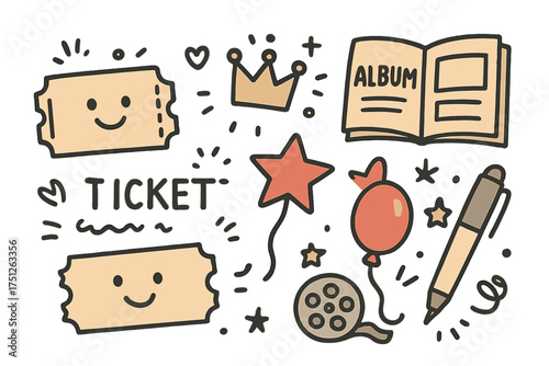 Ticket Icon Doodles. Ticket collecting doodle icon set: hand drawn icons of ticket stub with smile, album, crown, star, balloon,