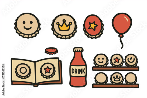 Bottle Cap Doodle Icons. Bottle cap collecting doodle icon set: hand drawn icons of caps with smile, crown, star, balloon, album,