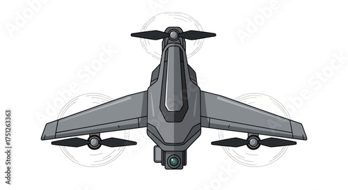 Modern Gray Drone with Wings and Propellers Top View.