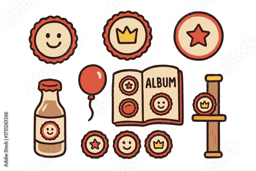 Bottle Cap Doodle Icons. Bottle cap collecting doodle icon set: hand drawn icons of caps with smile, crown, star, balloon, album,