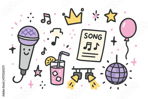 Karaoke Night Icons. Karaoke night doodle icon set: hand drawn icons of microphone with smile, lyrics sheet, crown, star, balloon,