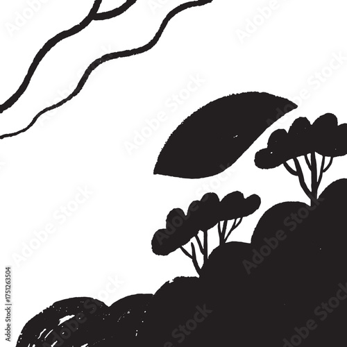 Minimalist Black and White Landscape Illustration with Trees and Hills – Abstract Nature Line Art