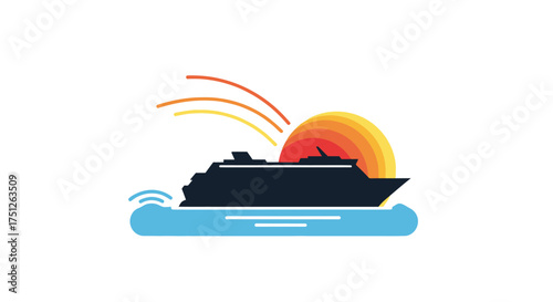 Stylized Cruise Ship Sailing at Sunset Icon.