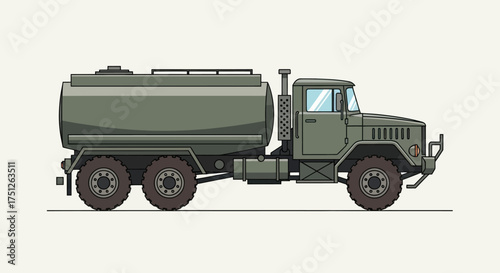 Military Fuel Tanker Truck with Six Wheels and Large Cylindrical Tank.