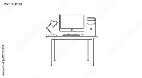 Computer workstation with monitor CPU lamp mouse and table in line art style.