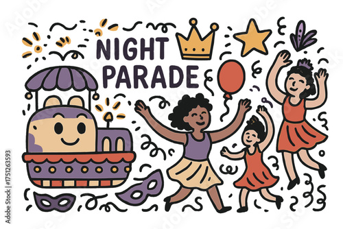 Night Parade Doodle Icons. Night parade doodle icon set: hand drawn icons of float with smile, lights, crown, star, balloon, masks