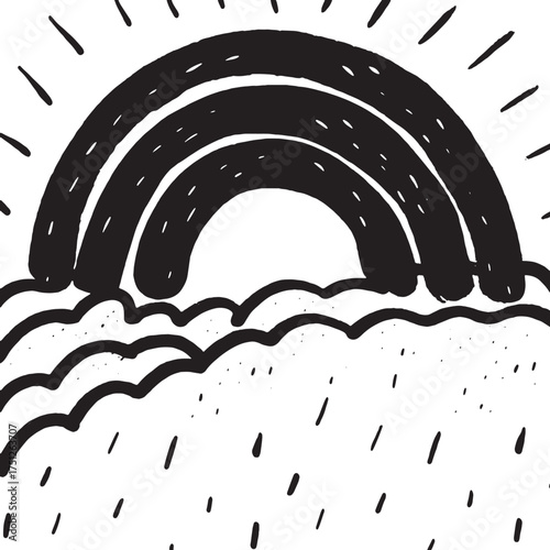 Minimalist Black and White Rainbow Illustration with Clouds Abstract Line Art Design