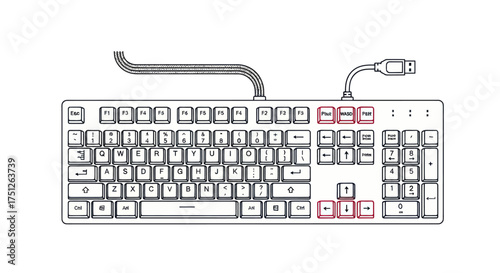 Wired Computer Keyboard Line Art with Highlighted Gaming Keys and Microphone.