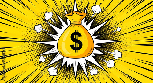 Pop art money explosion for wealthy business success and financial growth, a comic style dollar prize concept