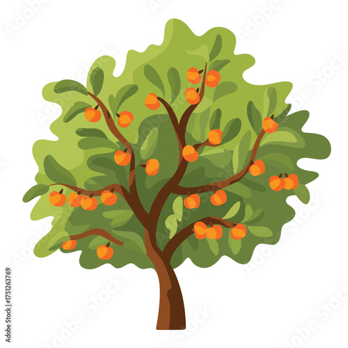Vibrant cartoon illustration of a lush green tree laden with ripe orange fruits