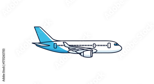 Blue and White Passenger Airplane Illustration with Winglets and Detailed Features.