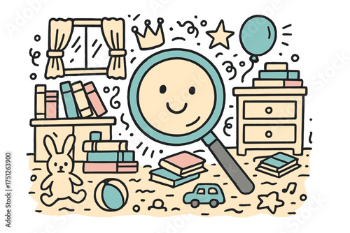 Cluttered Doodle Room. Hidden object game illustration doodle style: hand drawn magnifier with smile, cluttered room, crown, star,