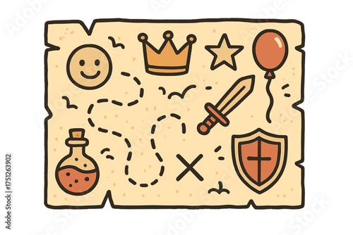 Doodle Treasure Quest. Fantasy quest illustration doodle style: hand drawn treasure map with smile, crown, star, balloon, sword,
