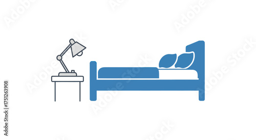 Blue Bed with Pillows and Nightstand Lamp Illustration.