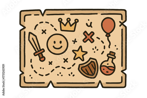 Doodle Treasure Quest. Fantasy quest illustration doodle style: hand drawn treasure map with smile, crown, star, balloon, sword,