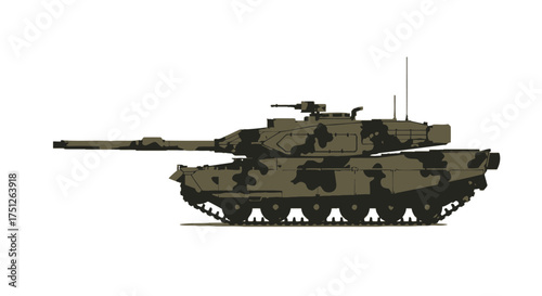 Camouflaged Military Main Battle Tank with Long Cannon.