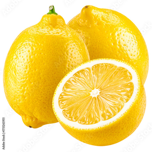 Three vibrant, juicy lemons, one sliced open, isolated on a black background